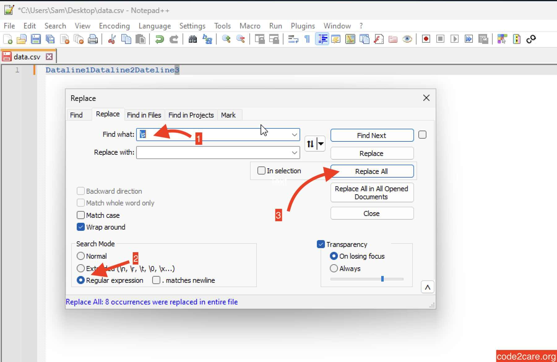 Replace all Spaces using Notepad++