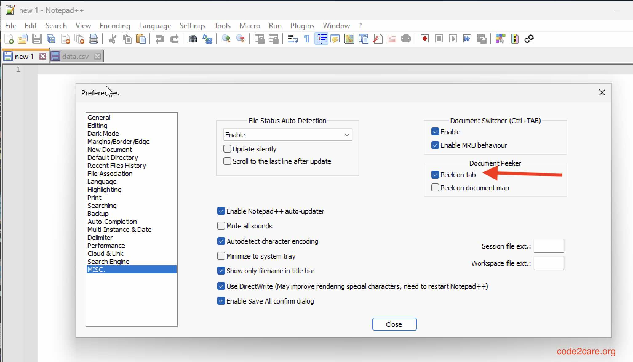 How to Peek into tabs in Notepad++ using Document Peeker | Code2care
