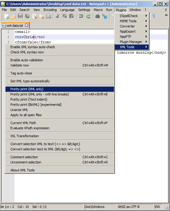 Pretty print XML in Notepad++ using XML tools.png