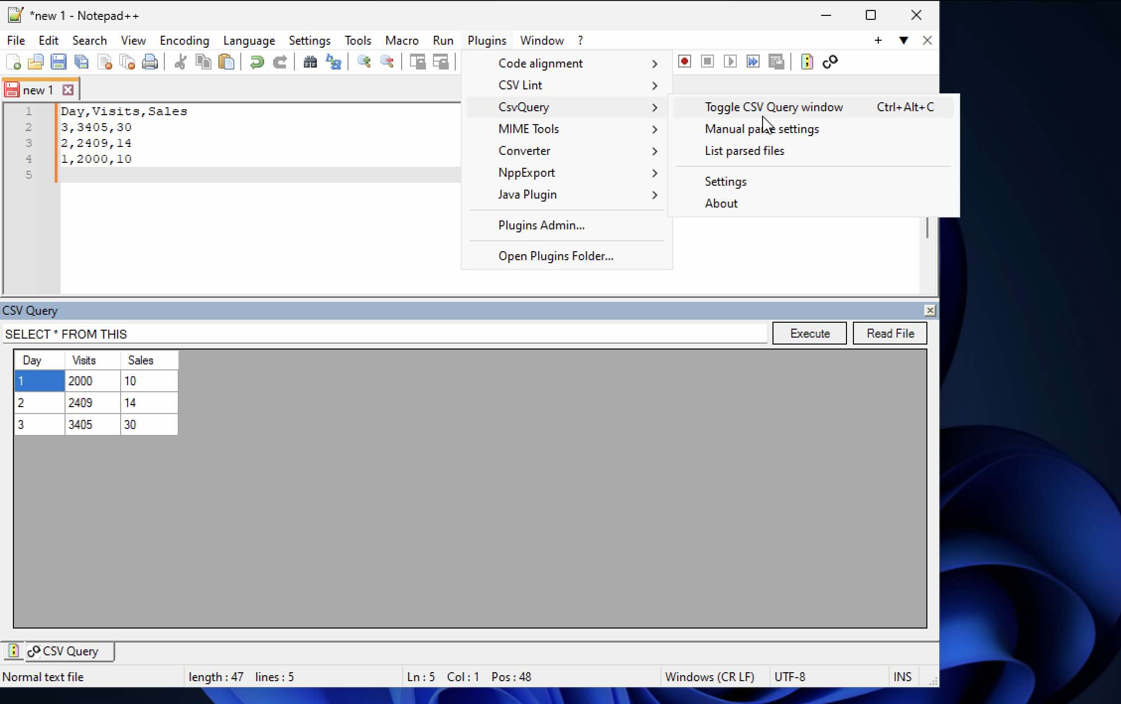 CSV Query Window - Notepad++