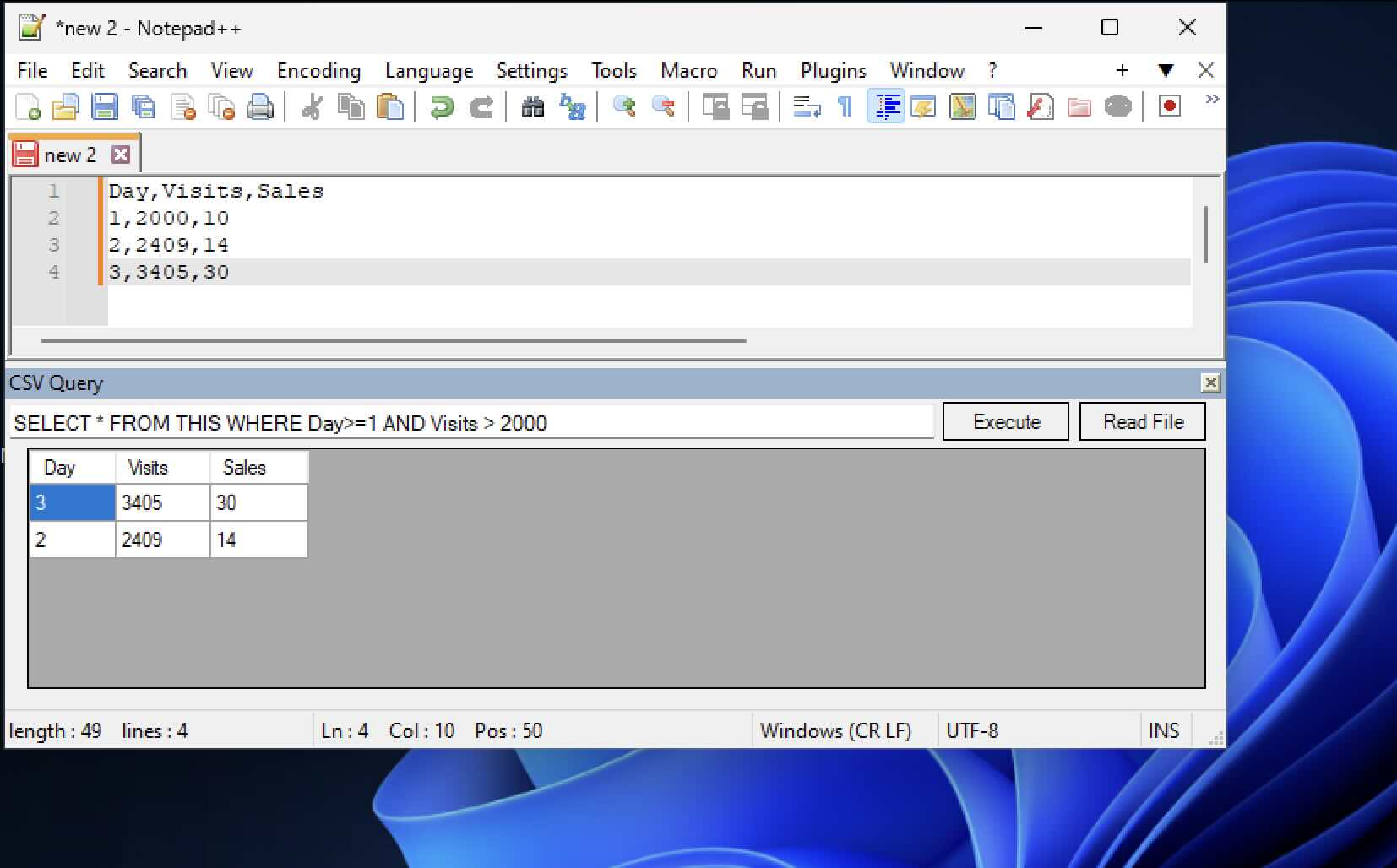 SQL Queries against CSV file in Notepad++